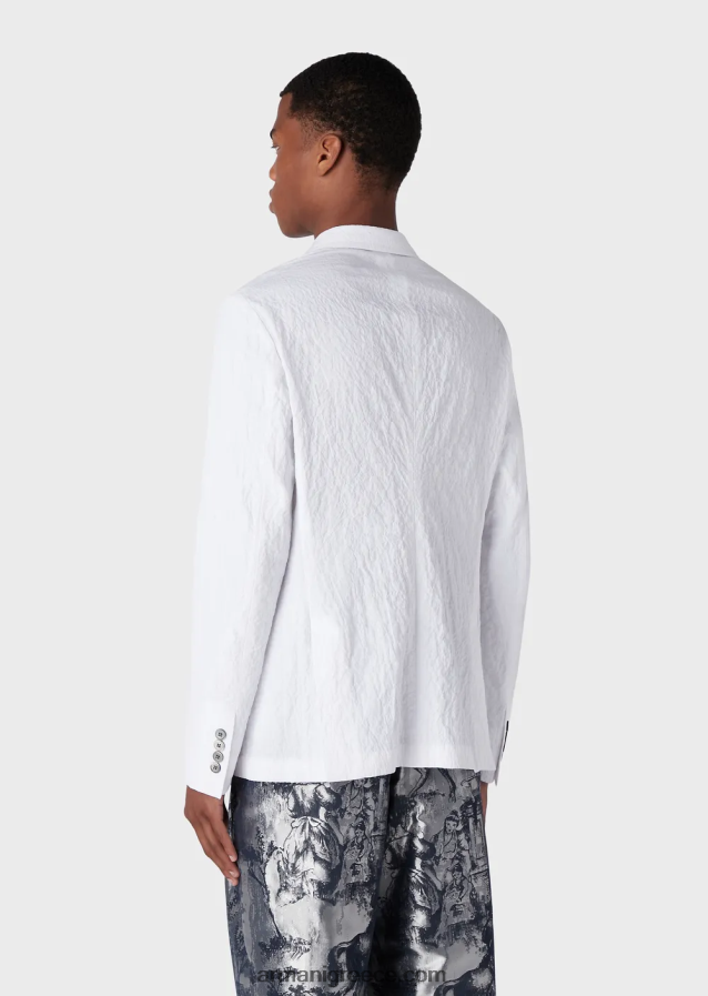 άνδρες Armani σακάκι με διπλό στήθος με ρεβέρ από βαμβακερό λουράκι 4046R61029 άσπρο