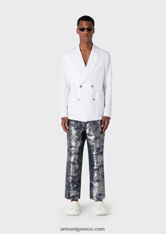 άνδρες Armani σακάκι με διπλό στήθος με ρεβέρ από βαμβακερό λουράκι 4046R61029 άσπρο