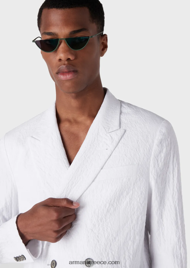 άνδρες Armani σακάκι με διπλό στήθος με ρεβέρ από βαμβακερό λουράκι 4046R61029 άσπρο