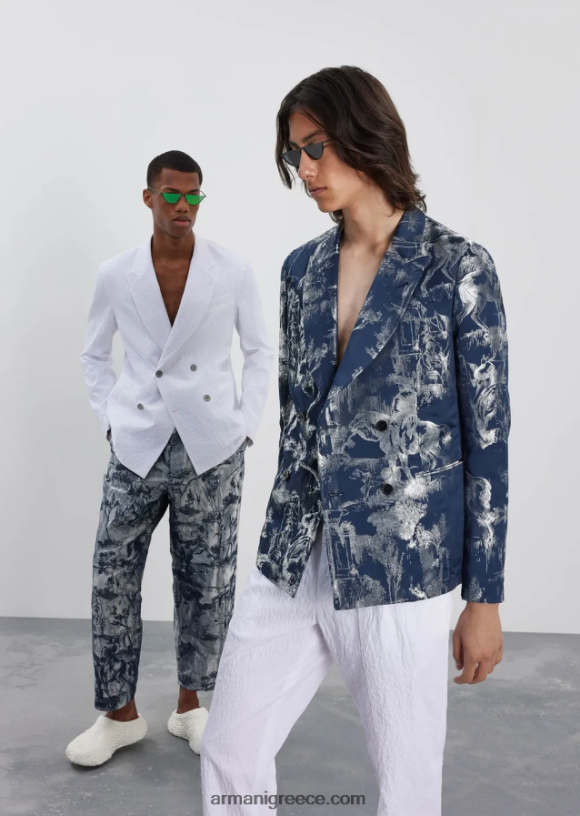 άνδρες Armani σακάκι με διπλό στήθος με ρεβέρ από βαμβακερό λουράκι 4046R61029 άσπρο