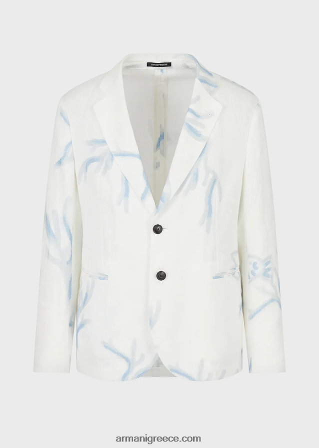 άνδρες Armani σακάκι μονόπλευρο από λινό με κοραλί στάμπα 4046R61030 άσπρο