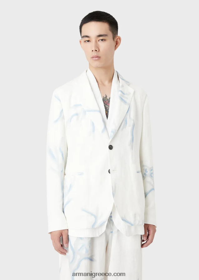 άνδρες Armani σακάκι μονόπλευρο από λινό με κοραλί στάμπα 4046R61030 άσπρο