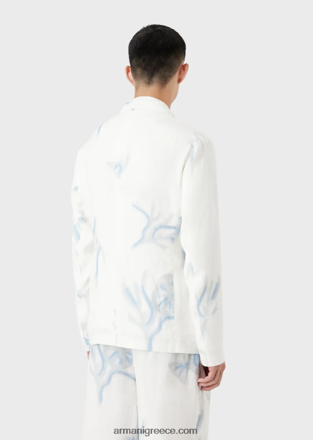 άνδρες Armani σακάκι μονόπλευρο από λινό με κοραλί στάμπα 4046R61030 άσπρο