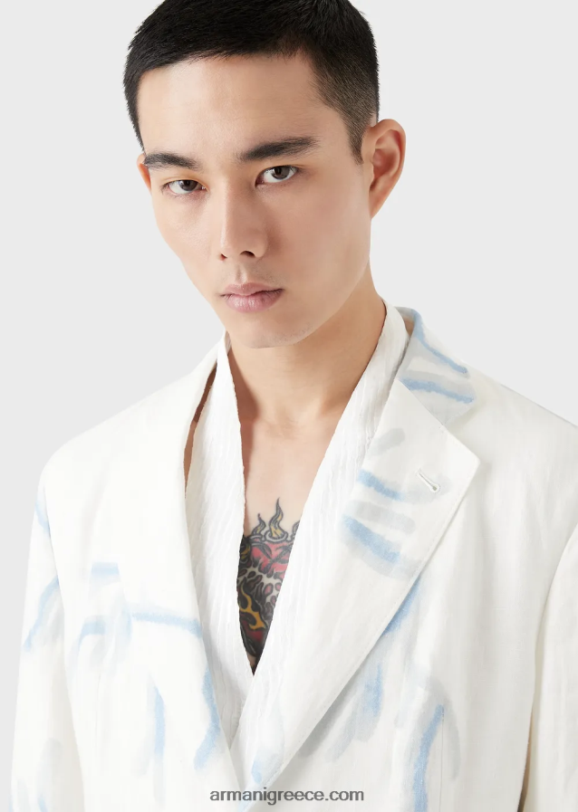 άνδρες Armani σακάκι μονόπλευρο από λινό με κοραλί στάμπα 4046R61030 άσπρο