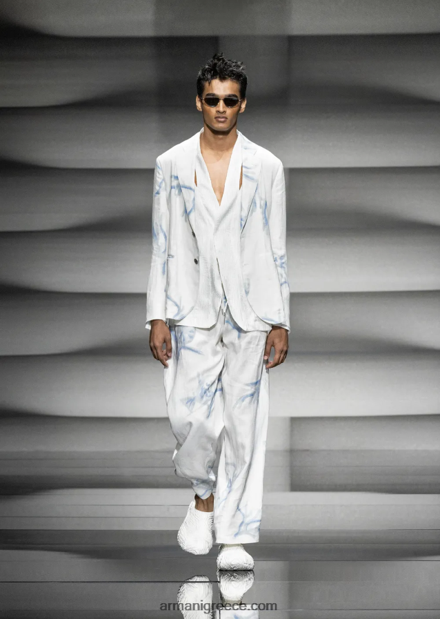 άνδρες Armani σακάκι μονόπλευρο από λινό με κοραλί στάμπα 4046R61030 άσπρο