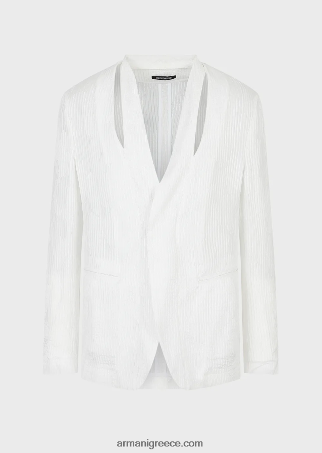 άνδρες Armani μονόπλευρο μπουφάν με σκίσιμο στη λαιμόκοψη σε πτυχωτό μείγμα μεταξιού ζακάρ 4046R61044 άσπρο
