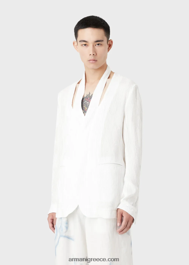 άνδρες Armani μονόπλευρο μπουφάν με σκίσιμο στη λαιμόκοψη σε πτυχωτό μείγμα μεταξιού ζακάρ 4046R61044 άσπρο