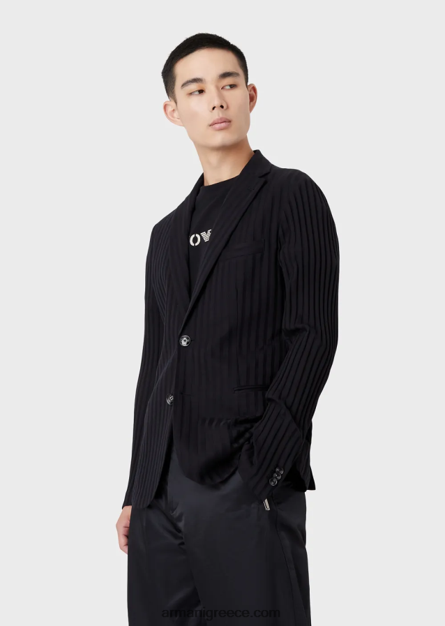 άνδρες Armani μονόπλευρο, ζέρσεϊ σακάκι με μοτίβο ζακάρ σε όλο το μήκος 4046R61045 ναυτικό μπλε