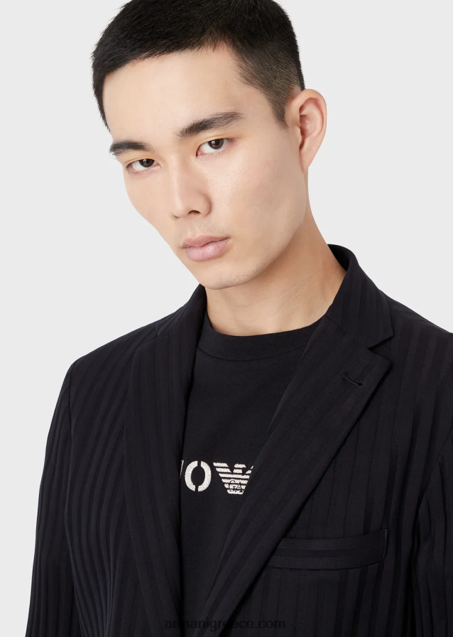 άνδρες Armani μονόπλευρο, ζέρσεϊ σακάκι με μοτίβο ζακάρ σε όλο το μήκος 4046R61045 ναυτικό μπλε