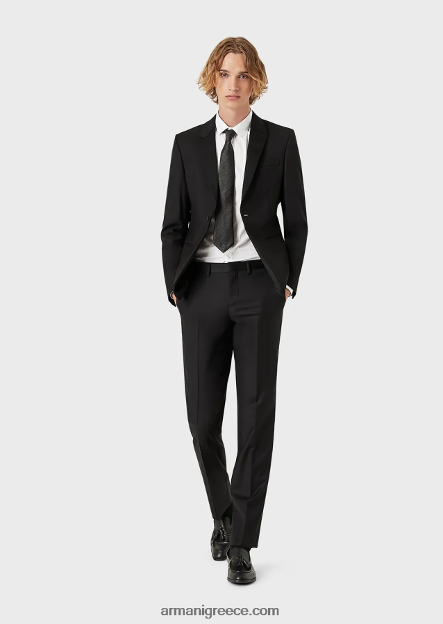 άνδρες Armani μονόστομο, πενιέ παρθένο μάλλινο μπουφάν 4046R61046 μαύρος