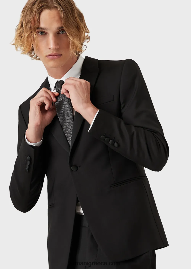 άνδρες Armani μονόστομο, πενιέ παρθένο μάλλινο μπουφάν 4046R61046 μαύρος