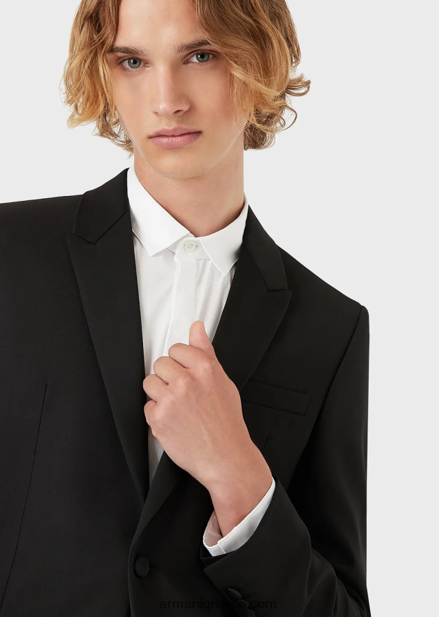 άνδρες Armani μονόστομο, πενιέ παρθένο μάλλινο μπουφάν 4046R61046 μαύρος