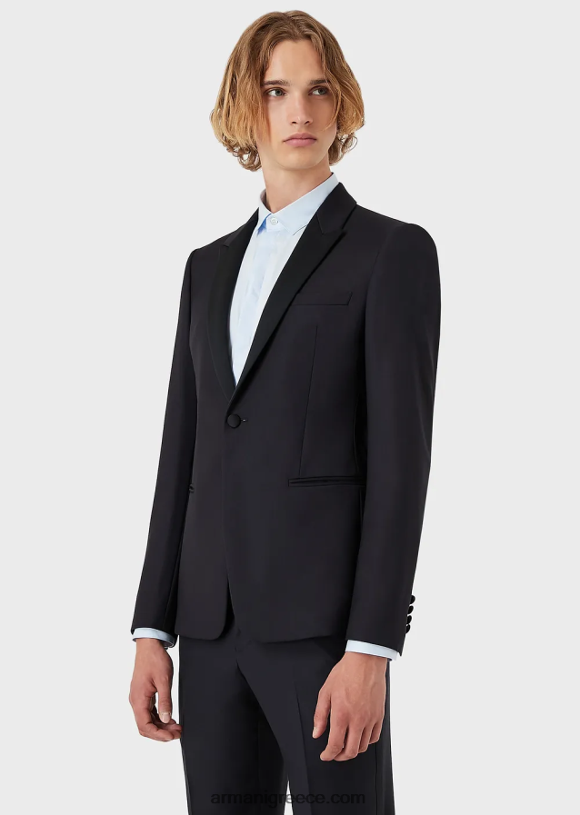 άνδρες Armani μονόστομο, πενιέ παρθένο μάλλινο μπουφάν 4046R61047 ναυτικό μπλε