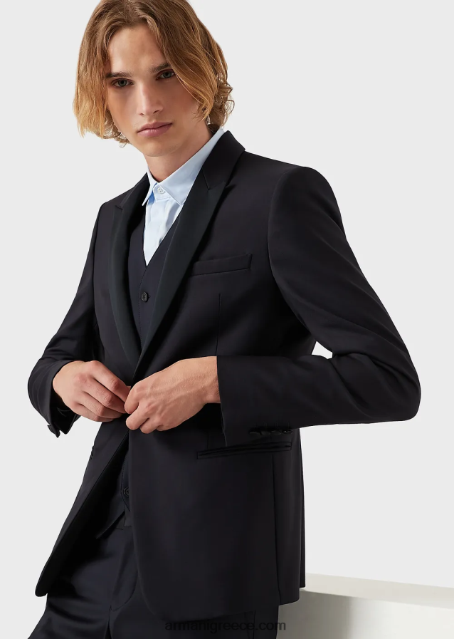 άνδρες Armani μονόστομο, πενιέ παρθένο μάλλινο μπουφάν 4046R61047 ναυτικό μπλε