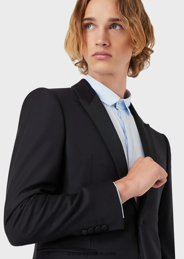 άνδρες Armani μονόστομο, πενιέ παρθένο μάλλινο μπουφάν 4046R61047 ναυτικό μπλε