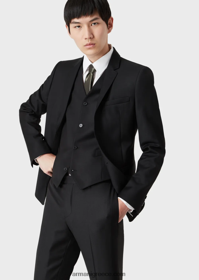 άνδρες Armani μονόστομο, πενιέ παρθένο μάλλινο μπουφάν 4046R61052 μαύρος