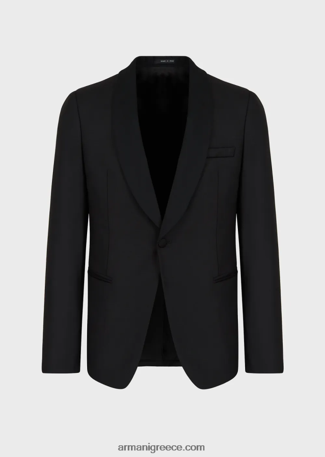 άνδρες Armani φτέρνο παρθένο μάλλινο μπουφάν με σατέν σάλι πέτο 4046R61053 μαύρος