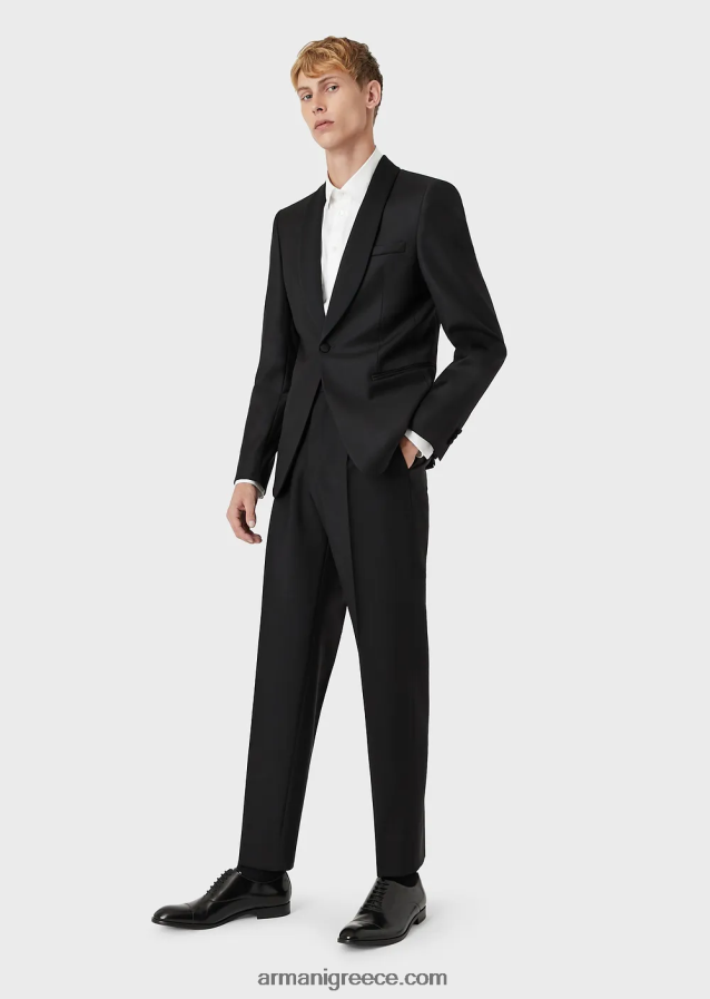 άνδρες Armani φτέρνο παρθένο μάλλινο μπουφάν με σατέν σάλι πέτο 4046R61053 μαύρος