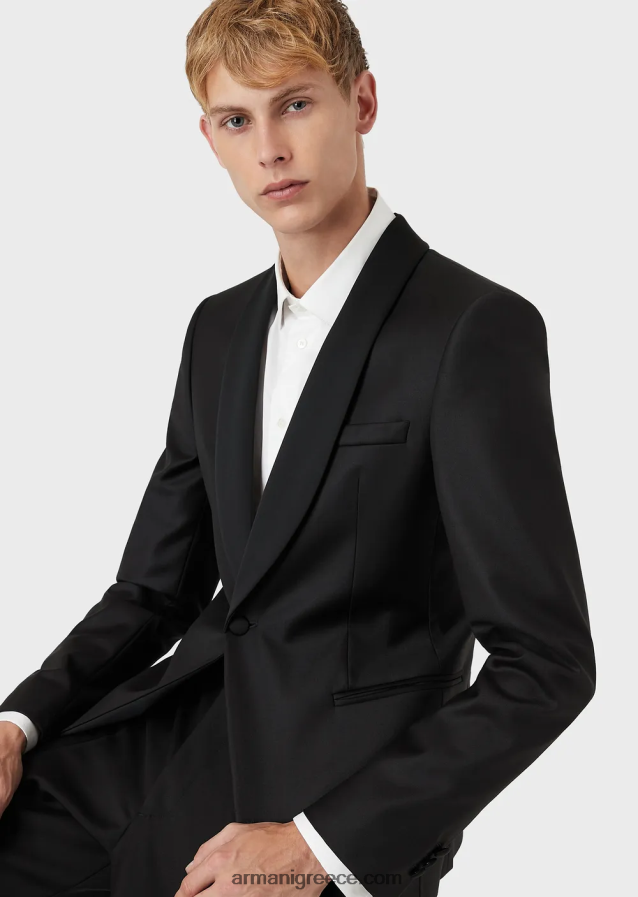 άνδρες Armani φτέρνο παρθένο μάλλινο μπουφάν με σατέν σάλι πέτο 4046R61053 μαύρος