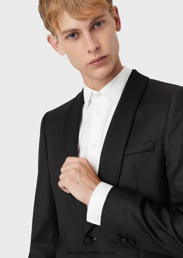 άνδρες Armani φτέρνο παρθένο μάλλινο μπουφάν με σατέν σάλι πέτο 4046R61053 μαύρος