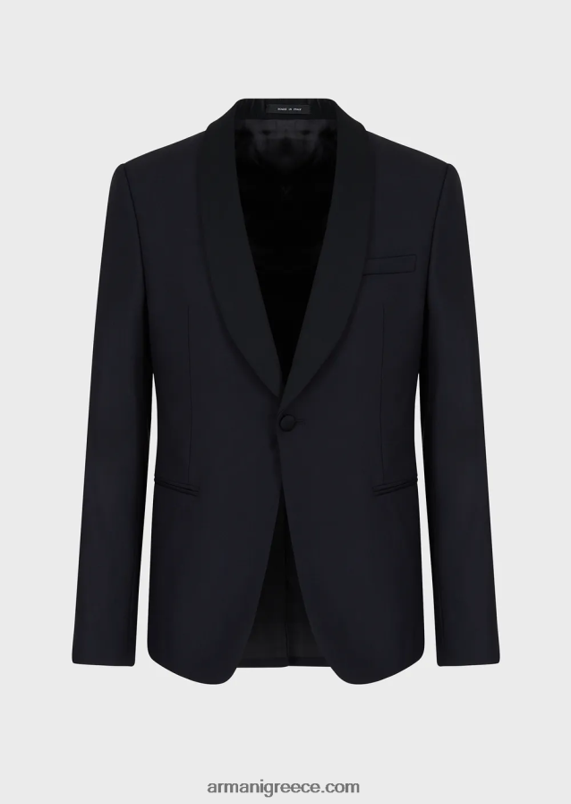 άνδρες Armani φτέρνο παρθένο μάλλινο μπουφάν με σατέν σάλι πέτο 4046R61054 ναυτικό μπλε