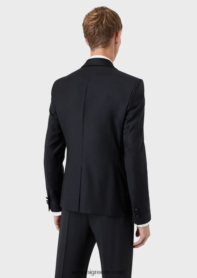 άνδρες Armani φτέρνο παρθένο μάλλινο μπουφάν με σατέν σάλι πέτο 4046R61054 ναυτικό μπλε