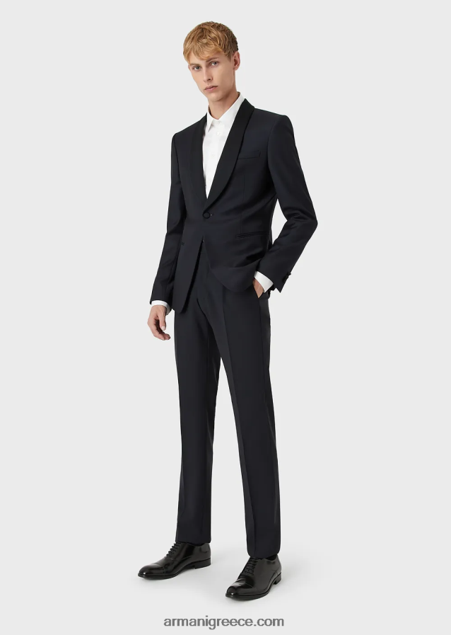 άνδρες Armani φτέρνο παρθένο μάλλινο μπουφάν με σατέν σάλι πέτο 4046R61054 ναυτικό μπλε