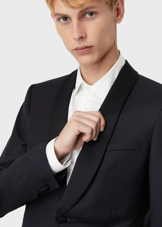 άνδρες Armani φτέρνο παρθένο μάλλινο μπουφάν με σατέν σάλι πέτο 4046R61054 ναυτικό μπλε