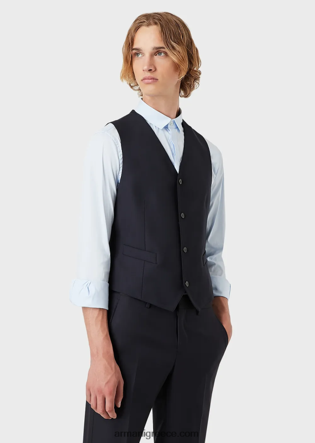 άνδρες Armani μονόστομο, πενιέ παρθένο μάλλινο γιλέκο 4046R61056 ναυτικό μπλε