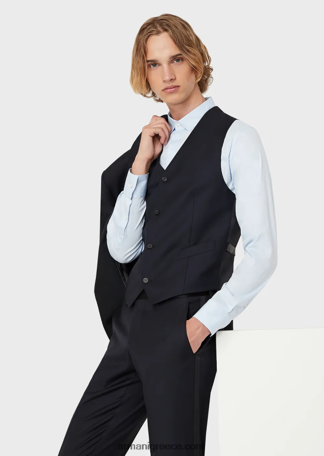 άνδρες Armani μονόστομο, πενιέ παρθένο μάλλινο γιλέκο 4046R61056 ναυτικό μπλε