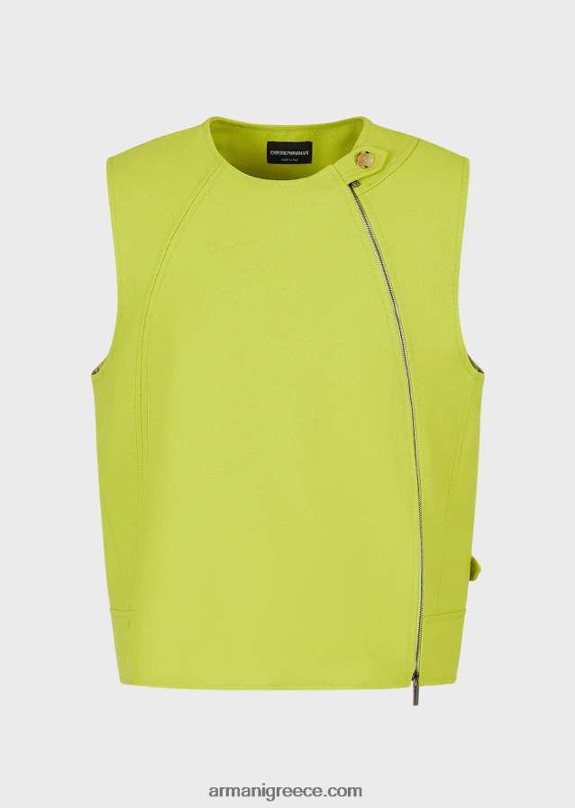 άνδρες Armani γιλέκο με φερμουάρ σε τραγανή παρθένο μαλλί γαμπαρντίνα με μπάλωμα φοίνικα 4046R61057 πράσινο ασβέστη