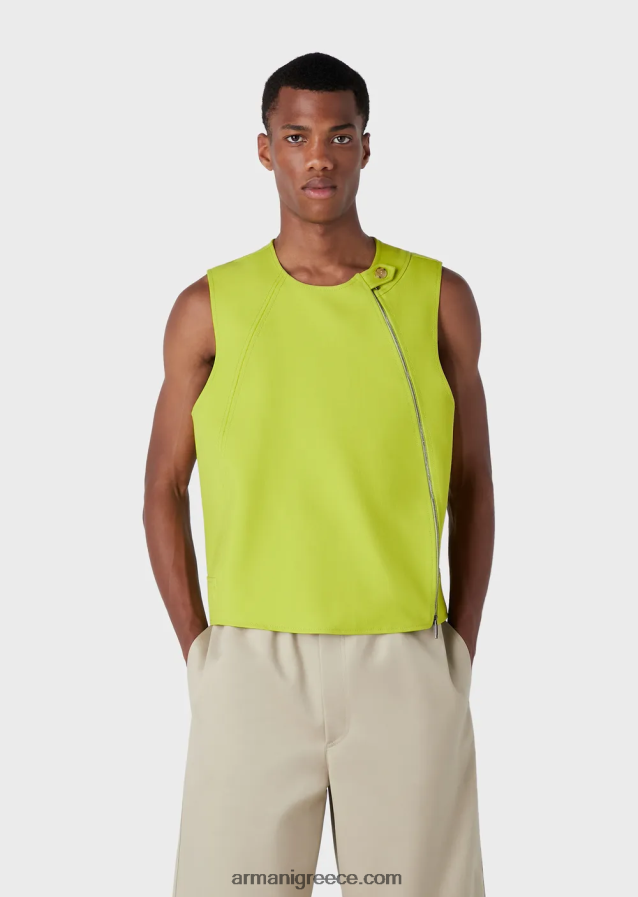 άνδρες Armani γιλέκο με φερμουάρ σε τραγανή παρθένο μαλλί γαμπαρντίνα με μπάλωμα φοίνικα 4046R61057 πράσινο ασβέστη