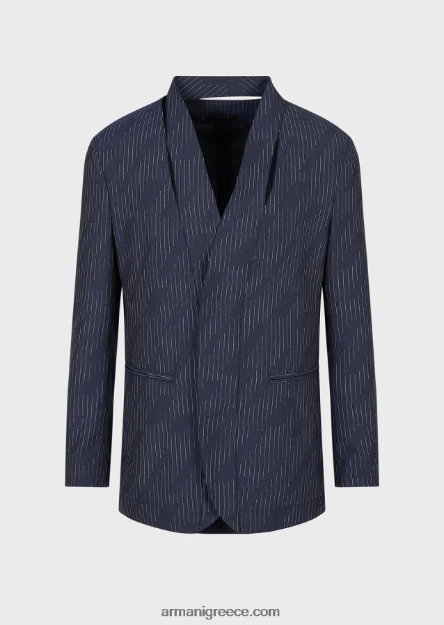 άνδρες Armani μονόπλευρο μπουφάν με σκίσιμο στη λαιμόκοψη από ύφασμα τζιν ριγέ fil coupe 4046R61043 ναυτικό μπλε