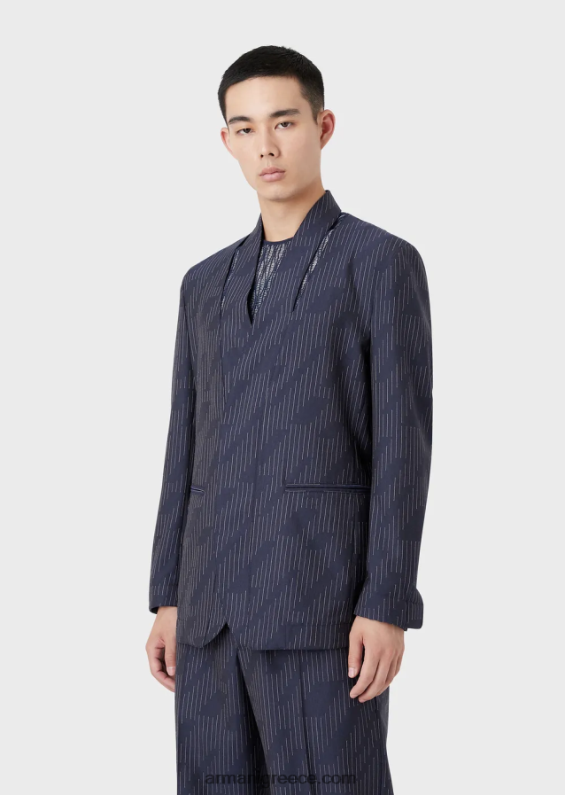 άνδρες Armani μονόπλευρο μπουφάν με σκίσιμο στη λαιμόκοψη από ύφασμα τζιν ριγέ fil coupe 4046R61043 ναυτικό μπλε