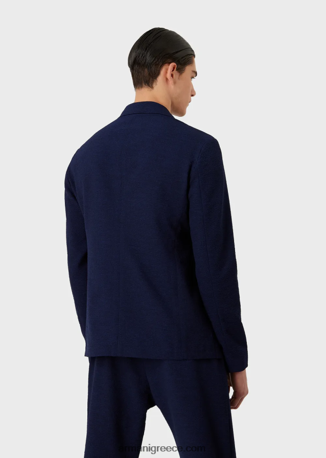 άνδρες Armani εμπριμέ τεχνική seersucker μονόπλευρο μπουφάν 4046R61019 μεσάνυχτα μπλε