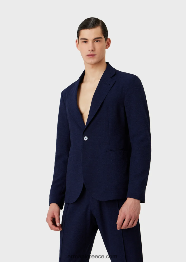 άνδρες Armani εμπριμέ τεχνική seersucker μονόπλευρο μπουφάν 4046R61019 μεσάνυχτα μπλε