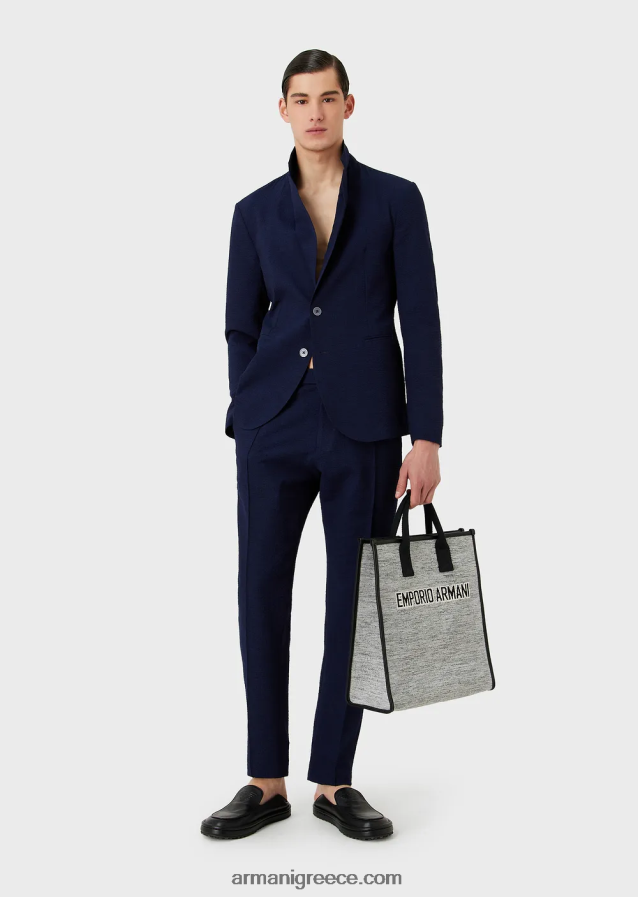 άνδρες Armani εμπριμέ τεχνική seersucker μονόπλευρο μπουφάν 4046R61019 μεσάνυχτα μπλε