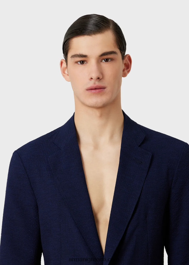 άνδρες Armani εμπριμέ τεχνική seersucker μονόπλευρο μπουφάν 4046R61019 μεσάνυχτα μπλε
