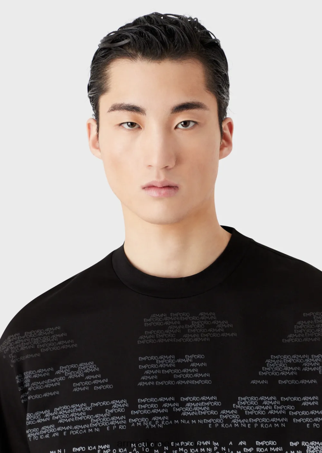 άνδρες Armani τζέρσεϊ μπλουζάκι με λαστιχένια γράμματα μεγάλος αετός 4046R61603 μαύρος