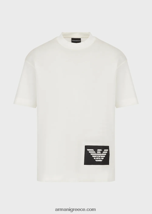 άνδρες Armani Μπλουζάκι μερσερίντ-ζέρσεϊ με μπάλωμα αετού σε αντίθεση 4046R61616 άσπρο