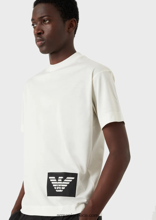 άνδρες Armani Μπλουζάκι μερσερίντ-ζέρσεϊ με μπάλωμα αετού σε αντίθεση 4046R61616 άσπρο