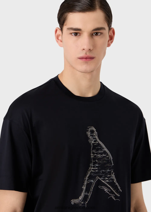 άνδρες Armani Μπλουζάκι ζέρσεϊ με σιλουέτα με κέντημα και μοτίβο υπογραφής 4046R61628 ναυτικό μπλε