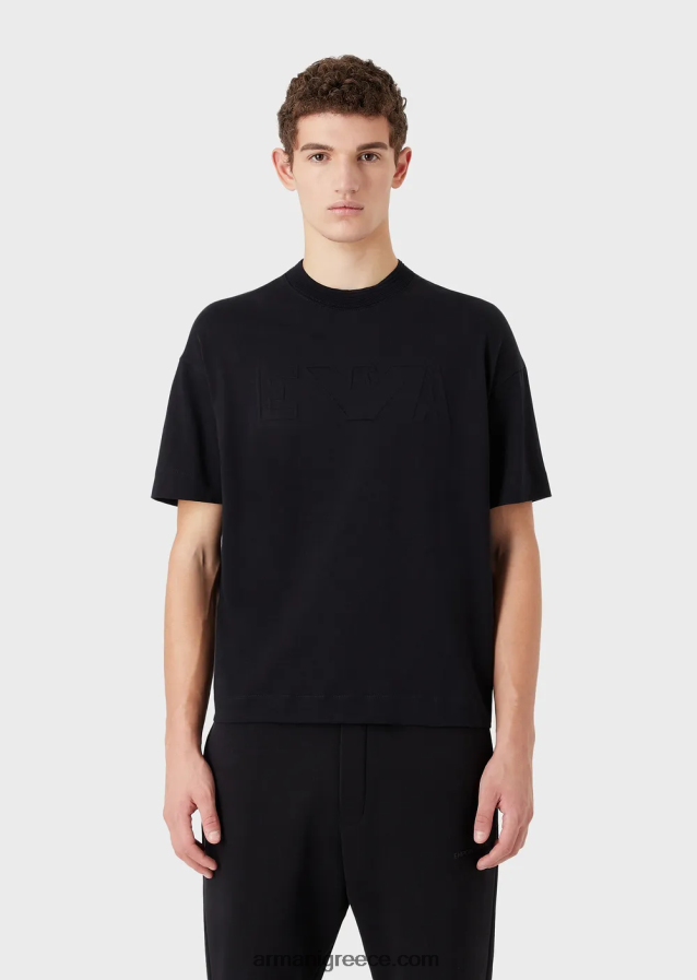 άνδρες Armani βαρύ μπλουζάκι ζέρσεϊ με υπερμεγέθη ανάγλυφο λογότυπο 4046R61633 ναυτικό μπλε