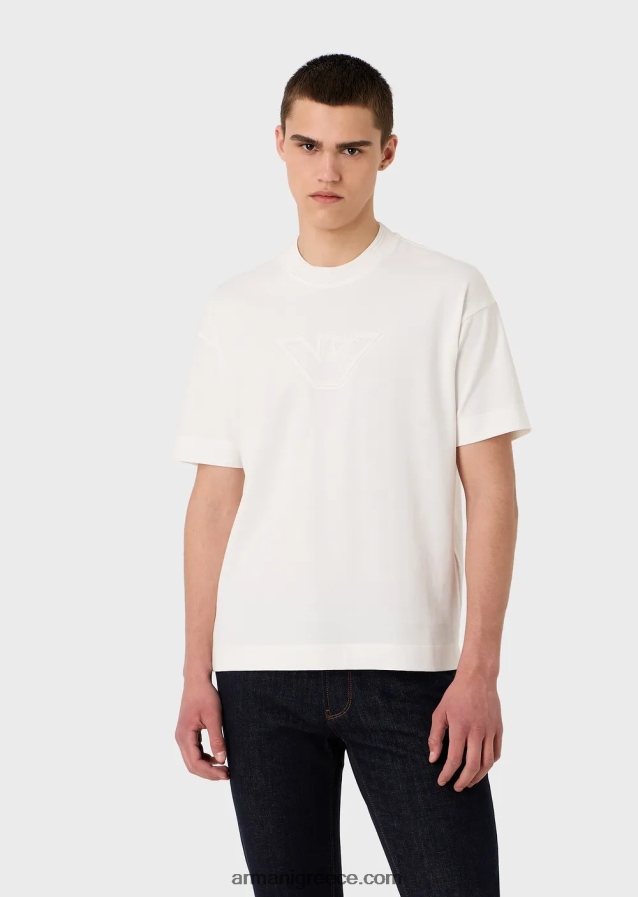 άνδρες Armani βαρύ μπλουζάκι ζέρσεϊ με υπερμεγέθη ανάγλυφο λογότυπο 4046R61635 άσπρο