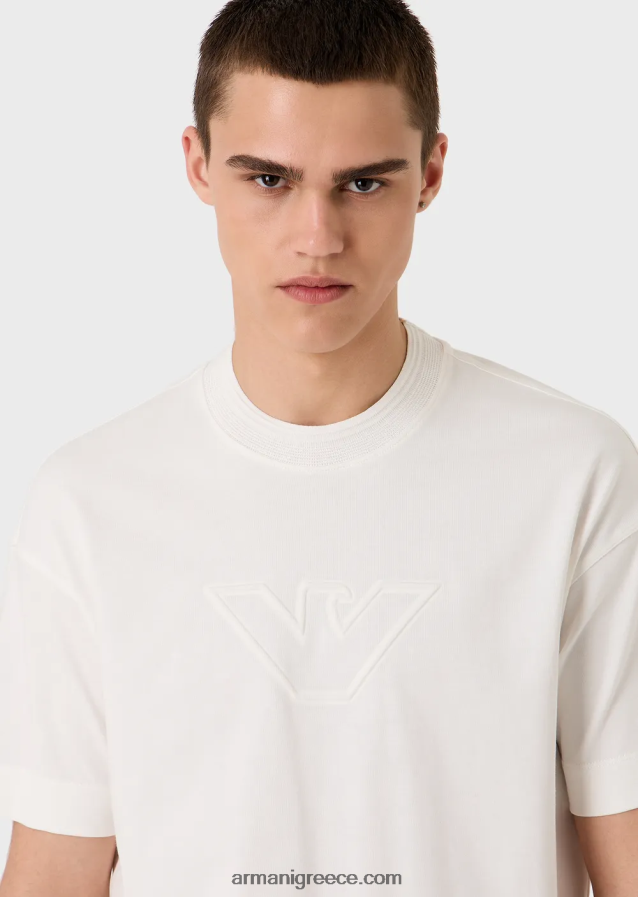 άνδρες Armani βαρύ μπλουζάκι ζέρσεϊ με υπερμεγέθη ανάγλυφο λογότυπο 4046R61635 άσπρο