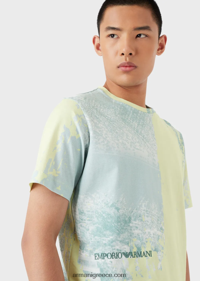 άνδρες Armani μπλουζάκι ζέρσεϊ με στάμπα σε όλη την πόλη 4046R61671 νερό