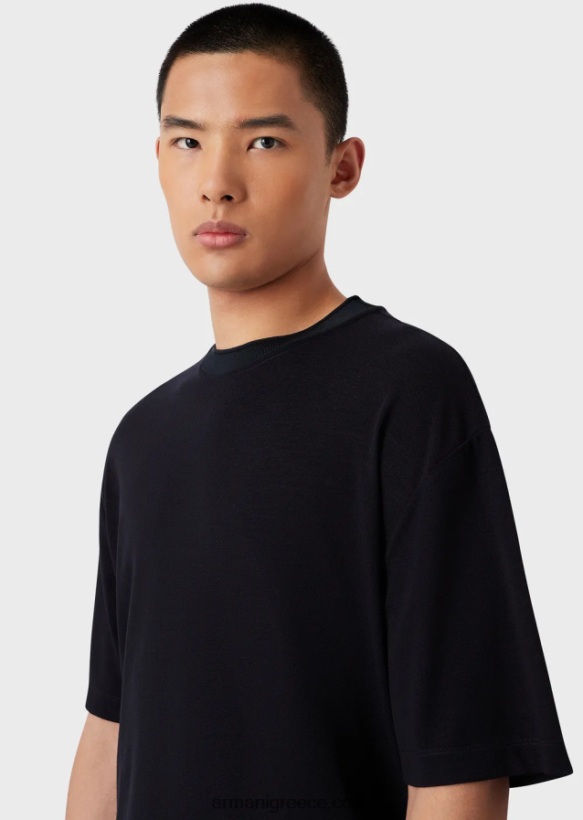 άνδρες Armani μπλουζάκι από μαλλί ευκάλυπτο-χαρμάνι πικέ 4046R61673 ναυτικό μπλε