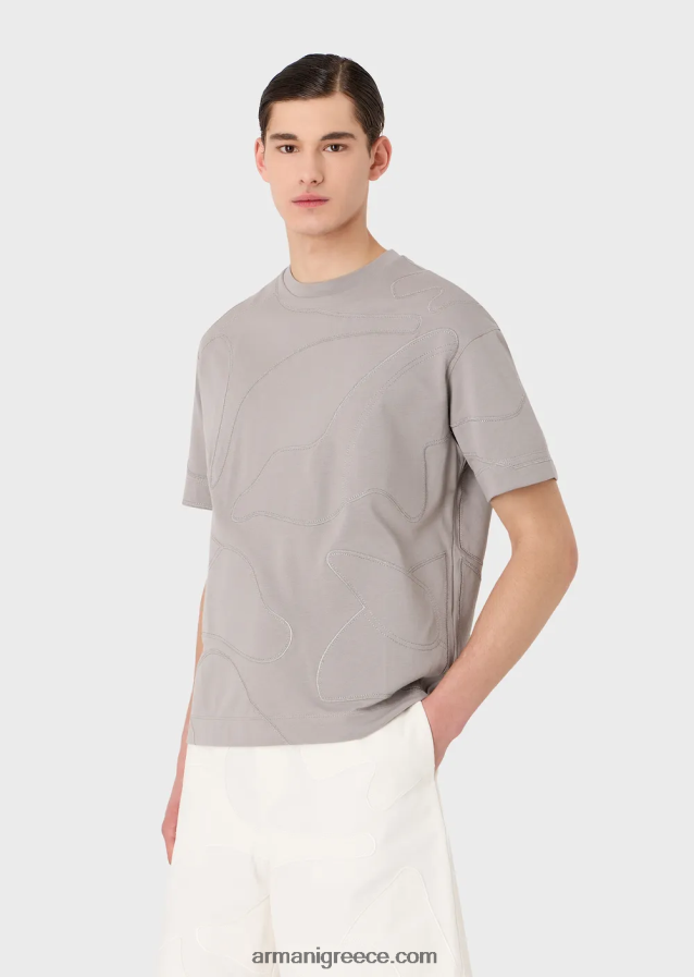 άνδρες Armani βαρύ μπλουζάκι ζέρσεϊ με κέντημα παραλλαγής μεγάλου μεγέθους ασορτί χρώματος 4046R61677 γκρί