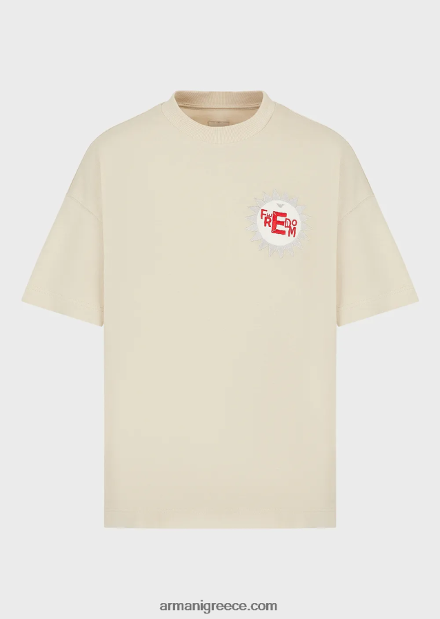 άνδρες Armani βιώσιμη συλλογή βιολογικό αμερικάνικο μπλουζάκι με μπάλωμα 4046R61681 ανοιχτό γκρι