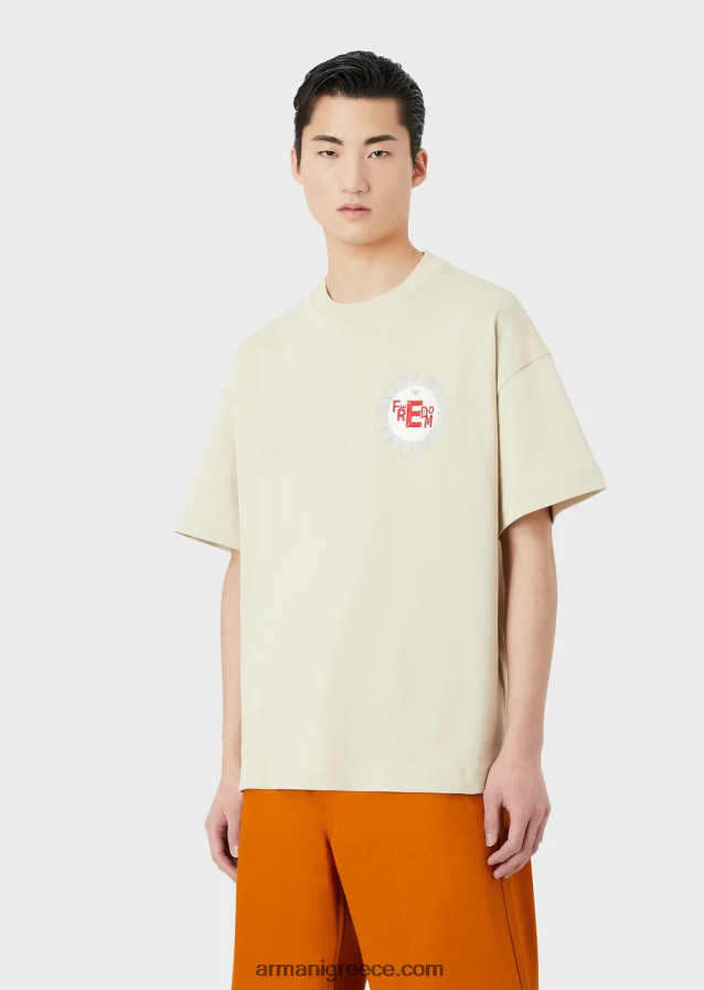 άνδρες Armani βιώσιμη συλλογή βιολογικό αμερικάνικο μπλουζάκι με μπάλωμα 4046R61681 ανοιχτό γκρι